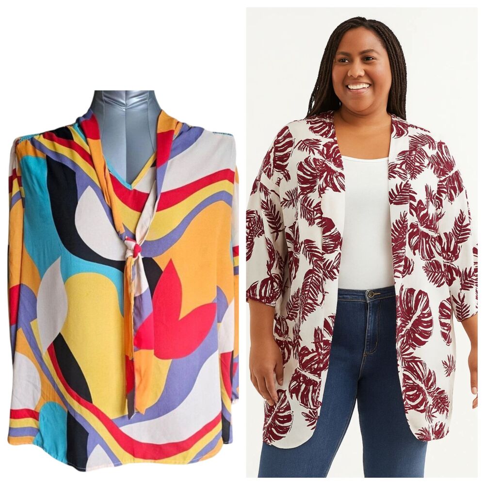 Lot of 2 Womens Top Size 2X NWT A Love Story Tie Neck Shirt Stitchwurks Kimono